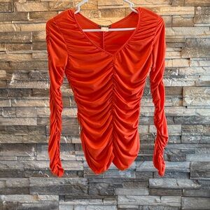 VENUS Ruched V-Neck Long Sleeve Top - Orange